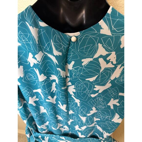 Teal Blue White 80's Dress Wide Belt Sz 10 12 Geometric New Wave Flutter Sleeve - Picture 6 of 7